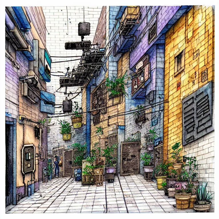 Image similar to an absurdly-detailed cyberpunk alleyway watercolor-calligraphy-pen drawing as a fancy square tile. Cats and Robots and Potted-Plants.