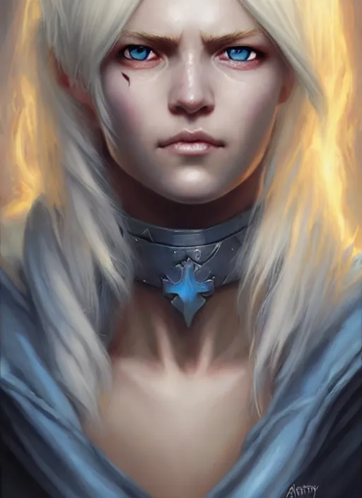 Image similar to a _ fantasy _ style _ portrait _ painting _ of shy white female paladin with blonde hair and blue eyes shy, scar under left eye, holy oil _ painting _ unreal _ 5 _ daz. _ rpg _ portrait _ extremely _ detailed _ artgerm _ greg _ rutkowski _ greg