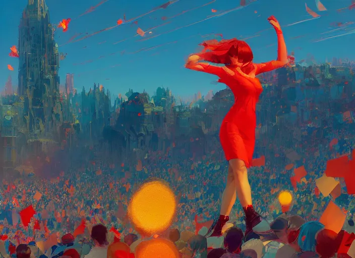 Image similar to gorgeous bright girl waving a red flag over her head running through Mandelbrot fractal crowd by Craig Mullins, ilya kuvshinov, krenz cushart, artgerm trending on artstation by Edward Hopper and Dan Mumford and WLOP and Rutkovsky, Unreal Engine 5, Lumen, Nanite