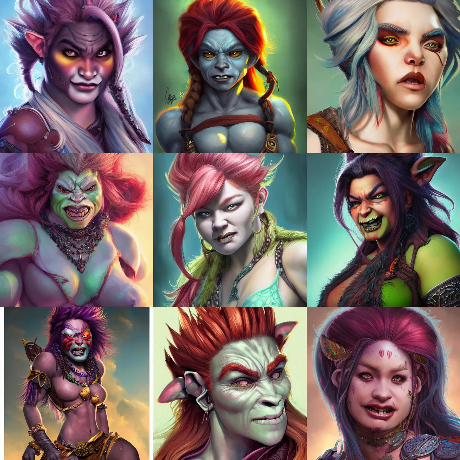 Prompt: beautiful mighty troll - orc girl with multicolored hair character portrait, concept art, intricate details, highly detailed photorealistic portrait in the style of adam hughes, seseon yoon, artgerm and warren louw