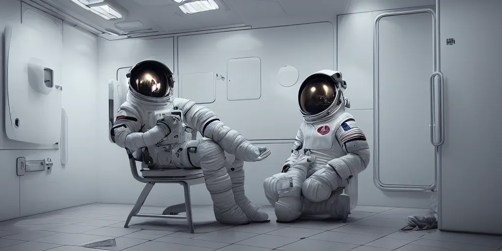 Image similar to a beautiful photo of an astronaut sat on a chair in an automatic laundry room, soft light, morning light, photorealistic, realistic, octane, 8k, cinematic shot