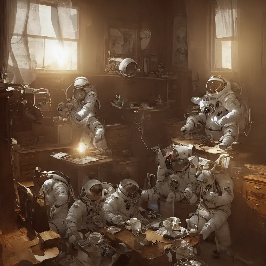 Image similar to 3 cosmonauts in a spacesuit drinks a steaming cup of tea at an old wooden desk in a richly decorated victorian house. the autumn light comes in through a window and dimly illuminates the room, diffuse light, octane render