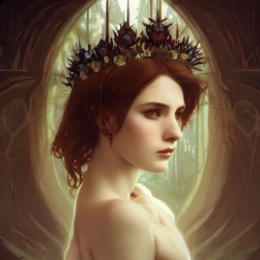 Image similar to portrait of very beautifull girl, thorn rose crown, thorn everywhere, headshot, pale skin, 4k, rule of thirds, extreme detail, detailed drawing, trending artstation, hd, fantasy, D&D, realistic lighting, by Alphonse Mucha, Greg Rutkowski, sharp focus, backlit, bright white hair, elegant