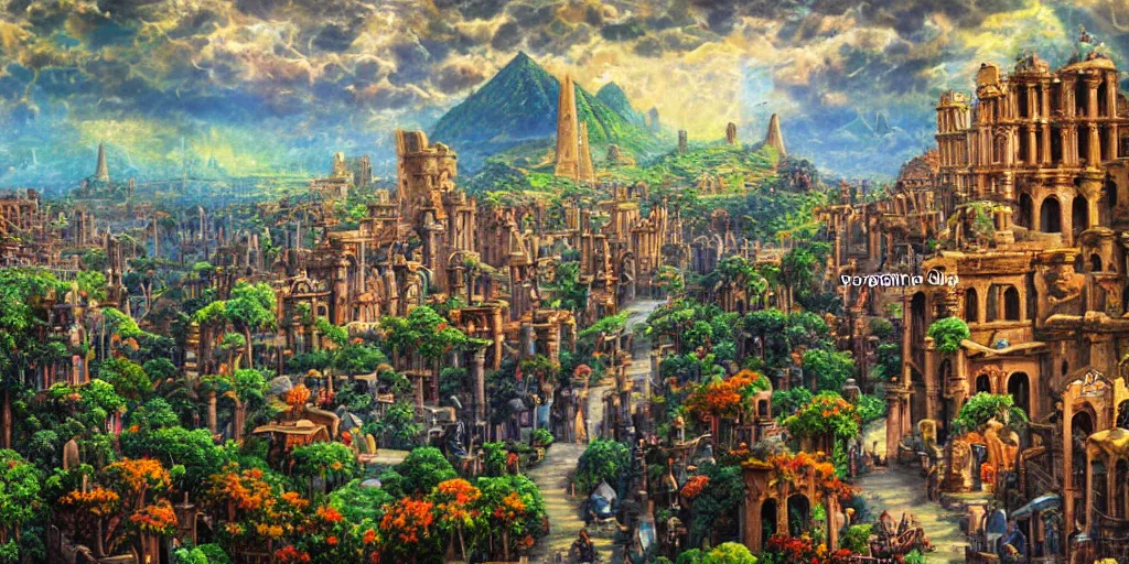Image similar to fantasy oil painting, regale, refined, fortress mega structure city, luxor, argos, indore, ellora, hybrid, looming, small buildings, warm lighting, street view, overlooking, epic, lush plants flowers, rainforest mountains, bright clouds, luminous sky, outer worlds, cinematic lighting, michael cheval, michael whelan, oil painting, natural tpose
