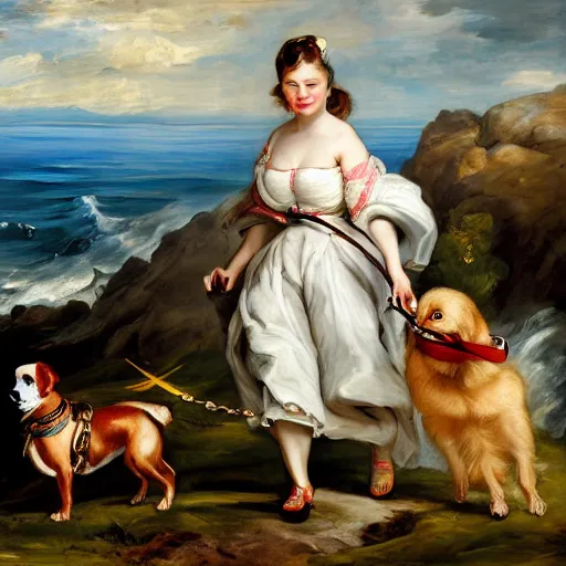 Prompt: heavenly summer sharp land sphere scallop well dressed lady walking her chiwawa on a leash auslese, by peter paul rubens and eugene delacroix and karol bak, hyperrealism, digital illustration, fauvist, chiwawa on a leash