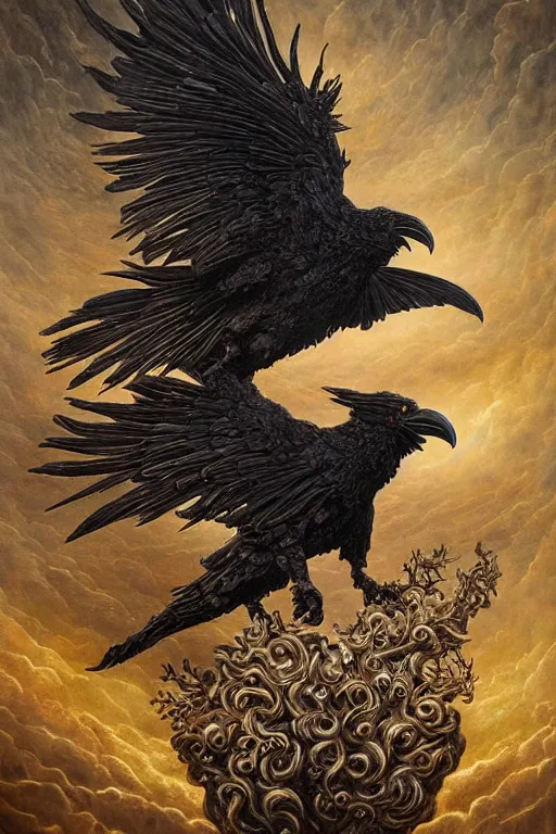 Image similar to Intricate stunning highly detailed raven by agostino arrivabene and Vladimir Kush, surreal metal sculpture, ultra realistic, Horror, dramatic lighting, full moon, blood moon, thick black swirling smoke tornado, burning fire embers