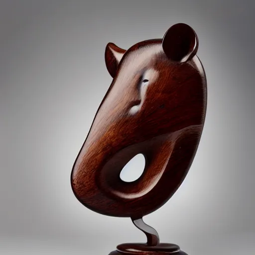 Image similar to a zoomed out studio product shot of a rounded carved smooth cherry wood and resin hippopotamus in profile, like a catalog photograph, where distinct sections of the carving are blue resin, but is mostly wood, with a smooth featureless minimalist short wooden nose with no nostrils, and a round minimalist behind