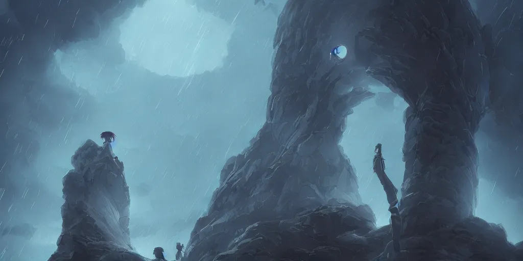 Prompt: ancient titans. a frame from the anime by hayao miyazaki, illustration, raining, dark and moody lighting, at night, digital art, oil painting, cold blue tones, fantasy, 8 k, trending on artstation, detailed