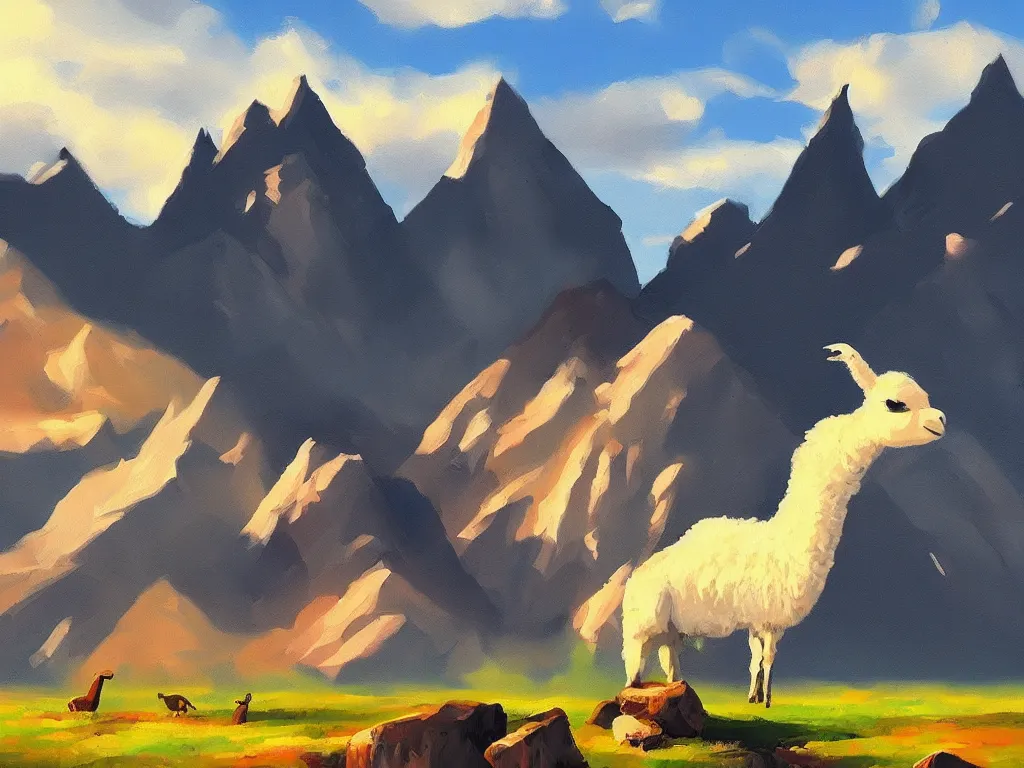 Prompt: bored llama acrylic mountain landscape artstation