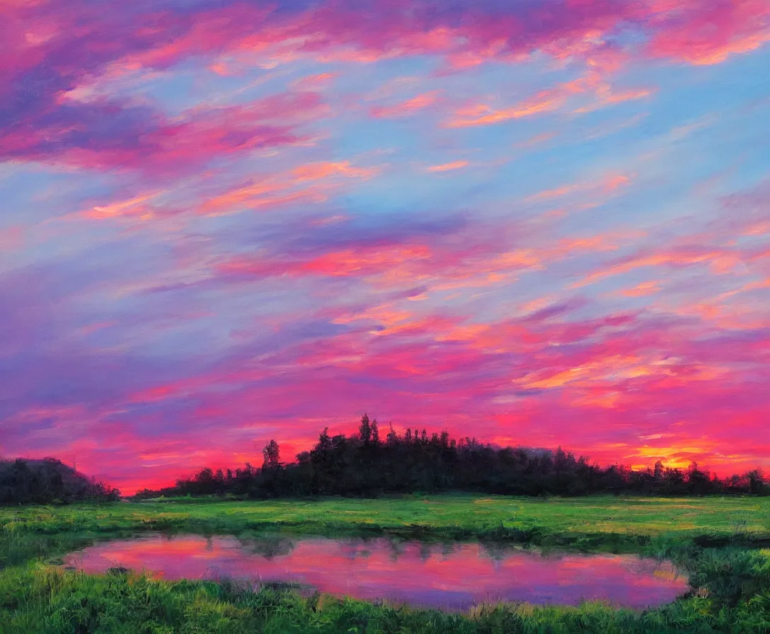 Image similar to sprawling majestic landscape, beautiful nature, pink sky, sunset, calm, serene, painting