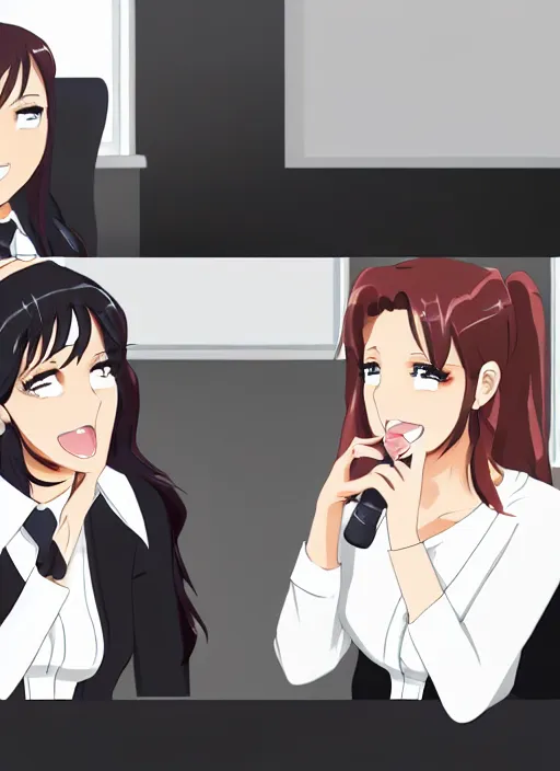 Prompt: two beautiful office ladies talking at work, gorgeous faces, thick lines, cinematic lighting, detailed anime art