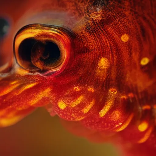 Image similar to fiery whimsical emotional eyes cephalopod, in a photorealistic macro photograph with shallow dof