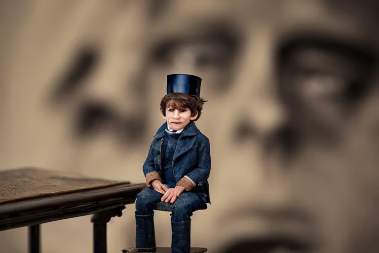 Image similar to closeup portrait of a tiny emmanuel macron dressed as napoleon standing on a desk, paris background, macro photo, bokeh, natural light, sharp, detailed face, magazine, press, steve mccurry, david lazar, canon, nikon, focus