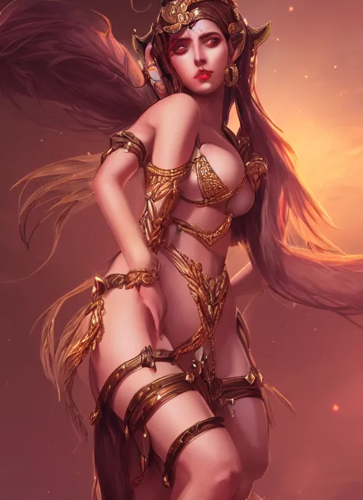 Image similar to a highly detailed illustration of tan goddess ishtar, elegant seductive pose, intricate, elegant, highly detailed, centered, digital painting, artstation, concept art, smooth, sharp focus, league of legends concept art, wlop