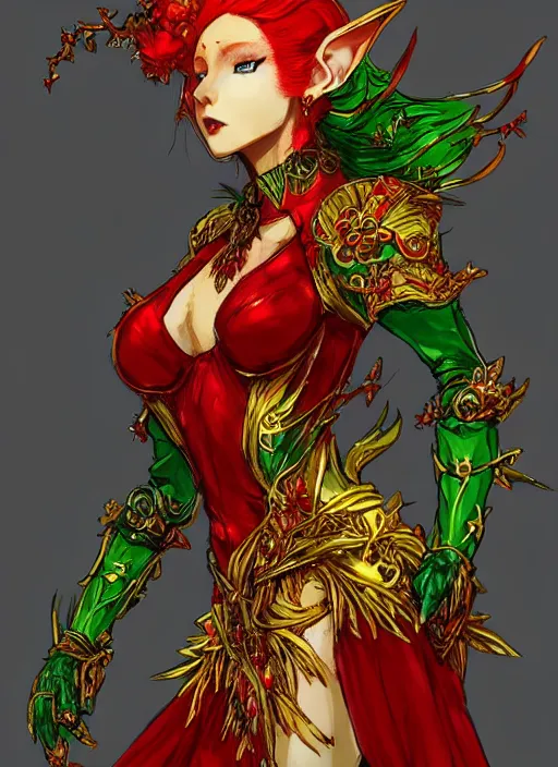 Image similar to Full body portrait of a beautiful red haired elven queen wearing red, green and gold queen dress and elaborate golden crown, bored look. In style of Yoji Shinkawa and Hyung-tae Kim, trending on ArtStation, dark fantasy, great composition, concept art, highly detailed.