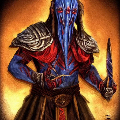 Image similar to Bright, colorful, realistic dark gritty individual elder scrolls morrowind Dagoth Ur, known as Voryn Dagoth in life, and whom Vivec would later come to call The Sharmat, was a powerful Chimer lord and Lord High Councillor to House Dagoth full body backlighting, kodachrome, high contrast, highly detailed, sharp focus, digital painting, concept art, illustration, trending on artstation, comic book by Alex Ross cover art