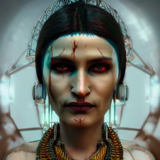 Image similar to Cyberpunk female Aghori Sadhu portrait, 8k , high octane render, unreal engine 5, hyperdetailed, realistic, golden ratio, intricate, cinematic lighting.