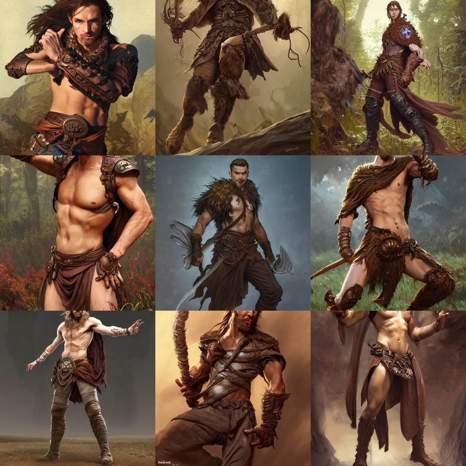 Prompt: character, lithe male druid in rag-tag leathers, brown hair, dynamic action pose, D&D, fantasy, intricate, focused expression, nature magic, highly detailed, digital painting, artstation, octane render, concept art, matte, sharp focus, illustration, art by Artgerm and Greg Rutkowski and Alphonse Mucha and alex ross