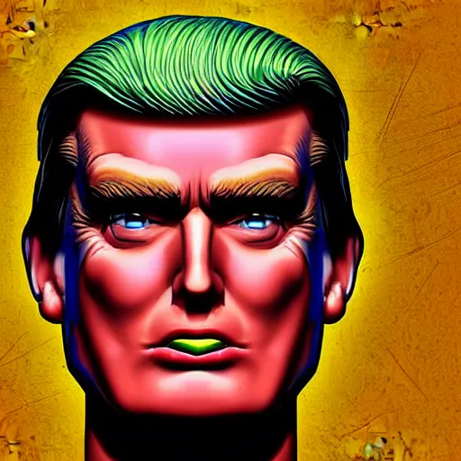 Prompt: character portrait inspired by max headroom and donald trump, digital art work made by brian bolland, highly detailed macabre face, realistic