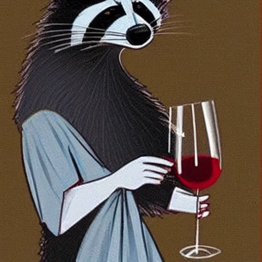 Prompt: a racoon wearing an elegant night gown holding a cup of wine