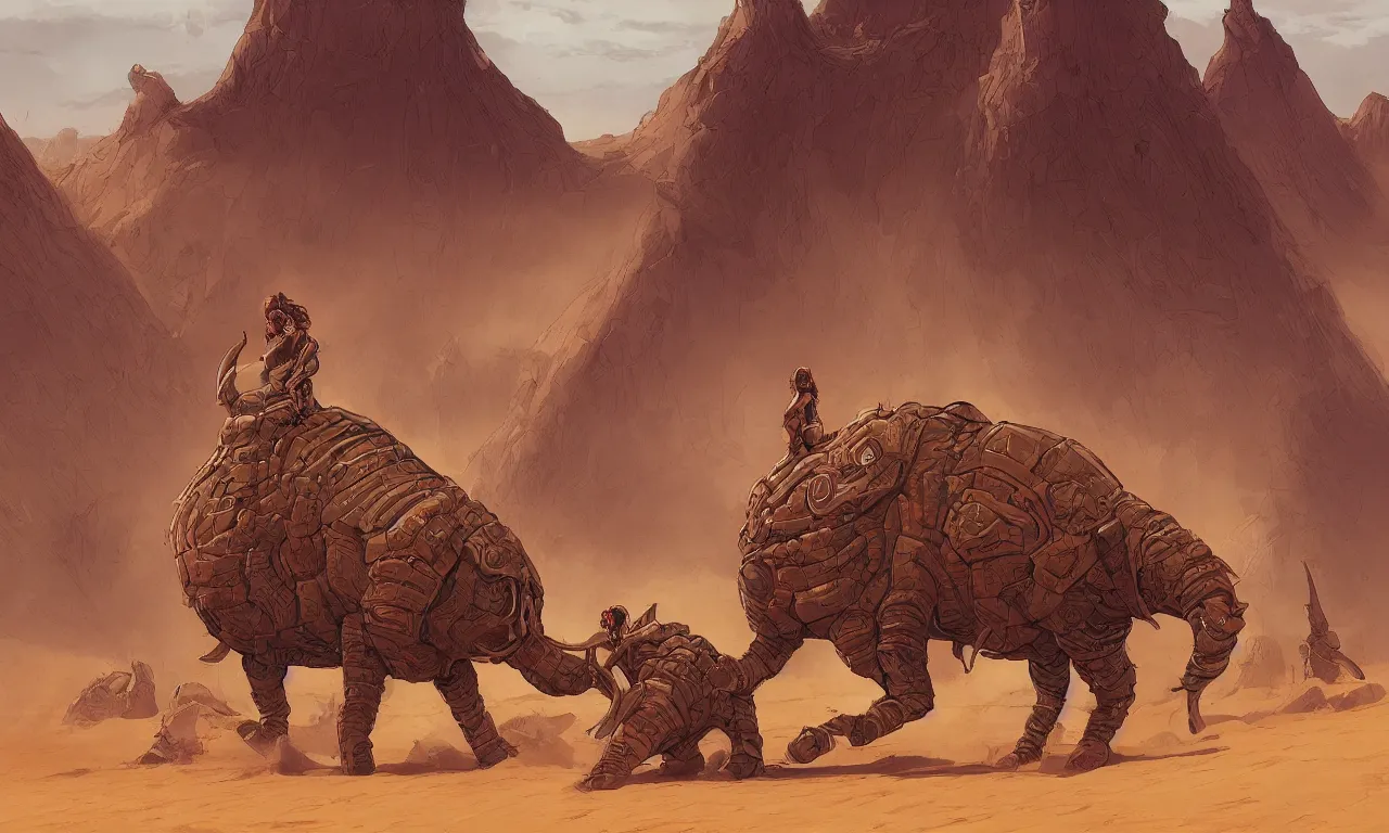 Image similar to detailed painting of dune movie, desert landscape, huge bull emerging from the sand, trending on artstation, by josan gonzalez, flat colors, defined lines