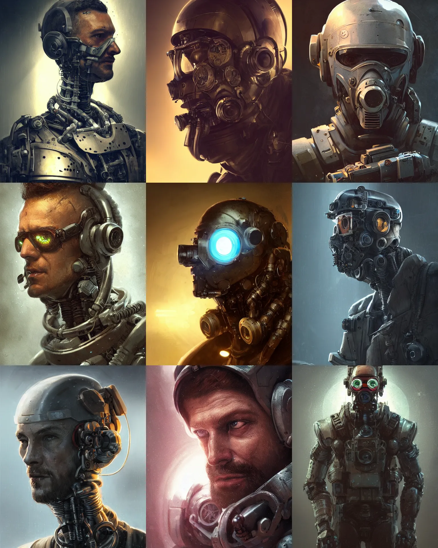 Image similar to a rugged research engineer man with cybernetic enhancements, detailed optics mask, scifi character portrait by greg rutkowski, esuthio, craig mullins, 1 / 4 headshot, cinematic lighting, dystopian scifi gear, gloomy, profile picture, mechanical, half robot, implants, steampunk, warm colors