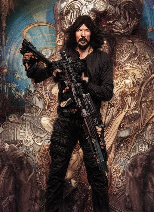 Image similar to Keanu Reeves as God of Guns, brutal, epic, intricate, elegant, highly detailed, digital painting, 4k, HDR, concept art, smooth, sharp focus, illustration, art by alphonse mucha,artgerm, H R Giger