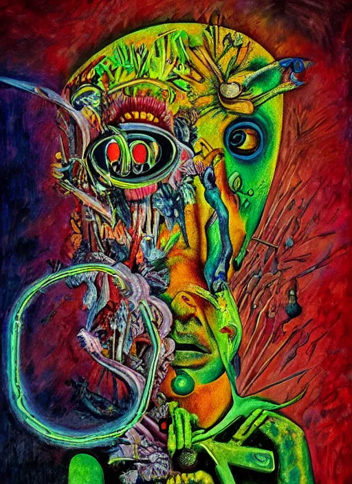 Prompt: “A surreal neon painting of a rotting shaman, made of flowers, holding a lizard, futuristic picasso by hr giger and Vladimir kush and dali and kandinsky, 3d, realistic shading, complimentary colors, vivid neon colors, aesthetically pleasing composition, masterpiece, 4k, 8k, ultra realistic, super realistic”