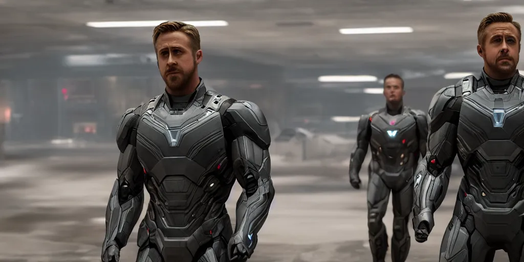 Image similar to Ryan Gosling as War Machine in 'Avengers: Endgame' (2019), movie still frame, oscar nominated cinematography, volumetric lighting, 8k resolution, beautiful composition