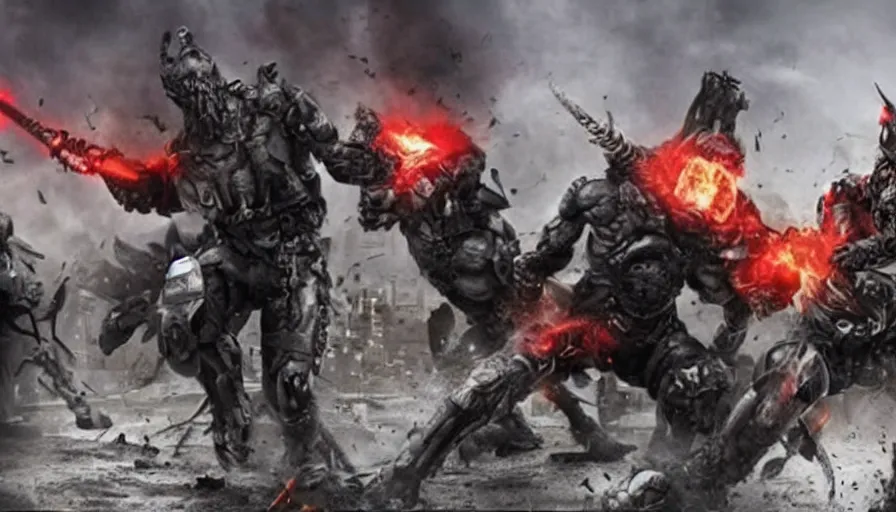 Image similar to big budget action movie about demonic battle cyborgs destroying a city