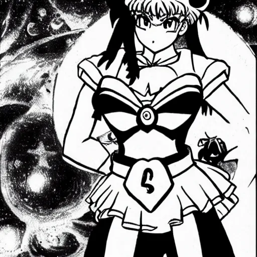 Image similar to sailor moon, highly detailed, illustrated by akira toriyama, manga, black and white illustration