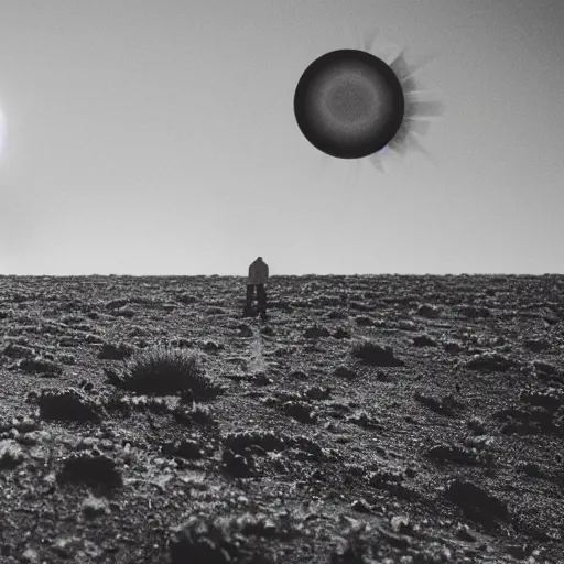 Image similar to giant fiery sun takes up most of the sky, two men look out over the horizon of a desert with plants on fire, anamorphic film still