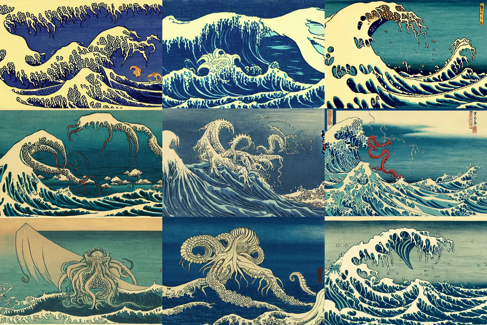 Prompt: cthulhu on the ocean, painting by katsushika hokusai