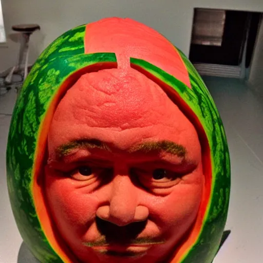 Prompt: matt berry with a watermelon carved like matt berry's face for a head, wide shot, photo realistic, realistic lighting, realistic shadows