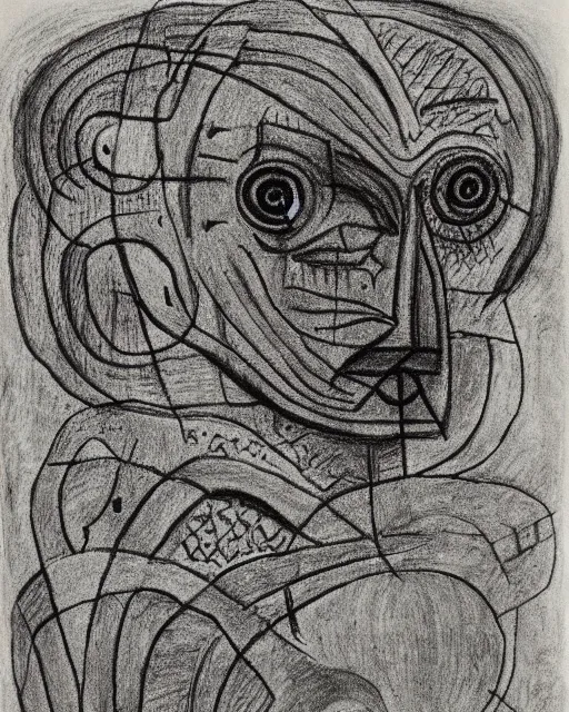 Image similar to portrait of a demon. Line drawing by Jean Cocteau. Ink on paper by Paul Klee.