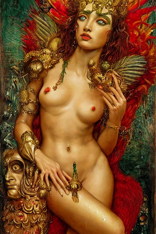 Prompt: hyper realistic portrait painting of goddess cybele with intrincate detail, golden ornaments, feathers wet, flowers, by godward, gustav moreau, saturno butto, boris vallejo, austin osman spare and david kassan, by bussiere. occult art, occult diagram, red and green color scheme.