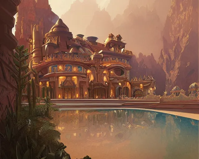 Image similar to art deco palace in the desert, fantasy, intricate, elegant, highly detailed, digital painting, artstation, concept art, matte, sharp, illustration, hearthstone, art by artgerm and greg rutkowski and alphonse mucha