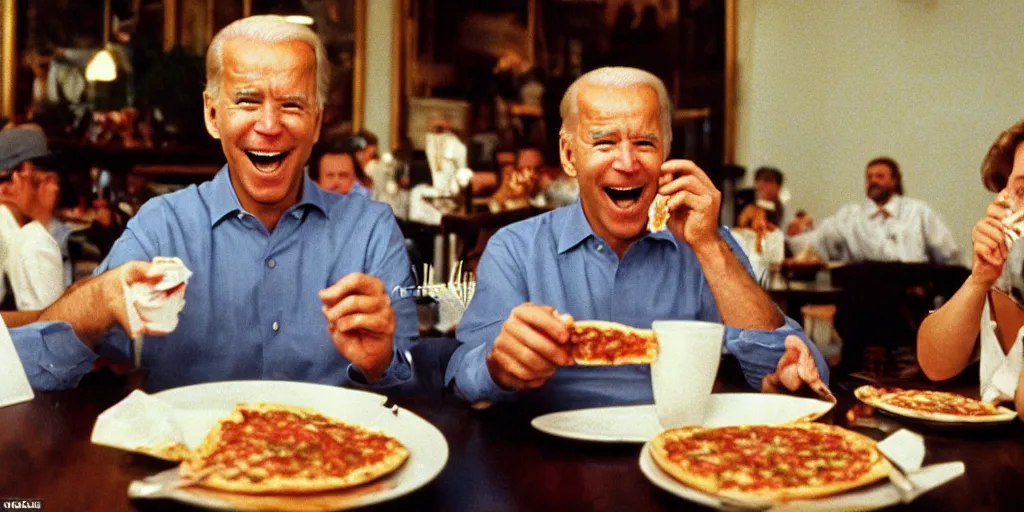 Image similar to color film of joe biden eating pizza in an italian restaurant 1 9 9 4 im the film of forest gump, grinning, close up, detailed