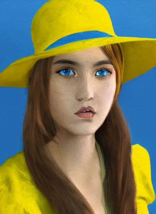 Prompt: portrait, young lady, full face, yellow short hair, blue hat, computer painting, volumetric lighting, detailed
