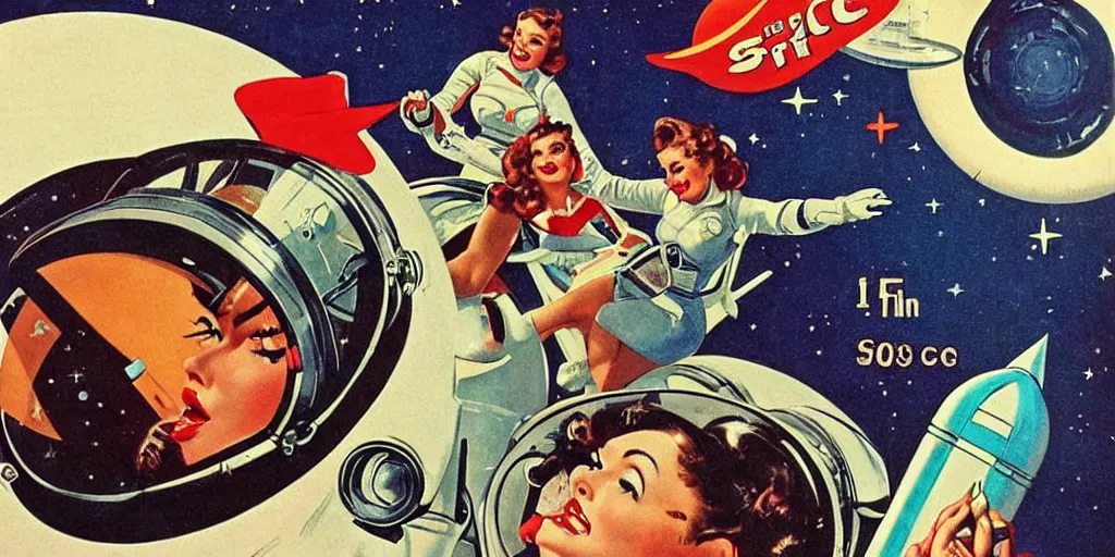 Prompt: Retro Sci-Fi. Women in the space suit riding a retro rocket in space. 1950s illustration. Sci-Fi. Pinup. Women in the space suit riding a retro rocket in space. Norman Rockwell