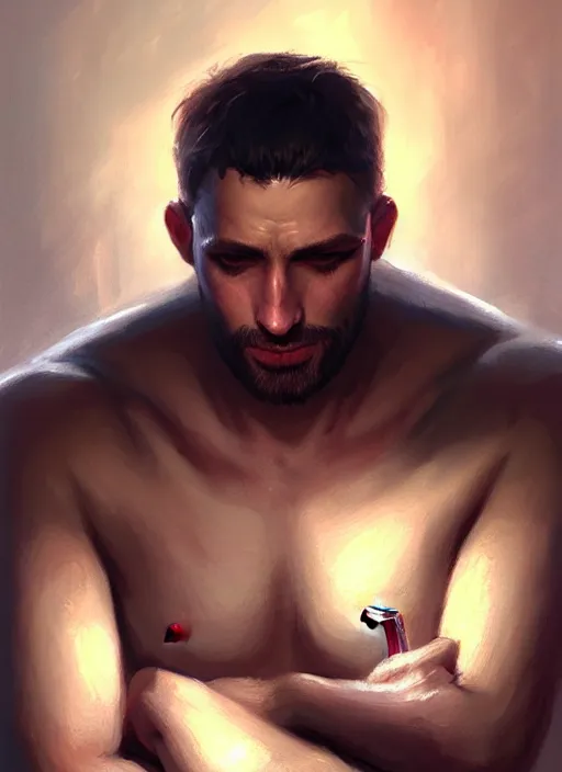 Prompt: a _ fantasy _ style _ portrait _ painting _ of lonely depressed male with short hair and big forehead oil _ painting _ unreal _ 5 _ daz. _ rpg _ portrait _ extremely _ detailed _ artgerm _ greg _ rutkowski _ greg