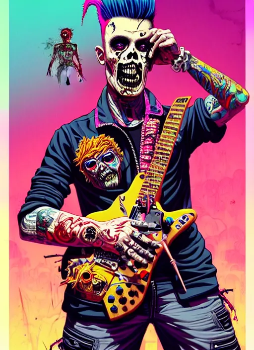 Image similar to a zombie punk rocker with a mohawk playing electric guitar, tristan eaton, victo ngai, artgerm, rhads, ross draws, cinematic by francis tneh