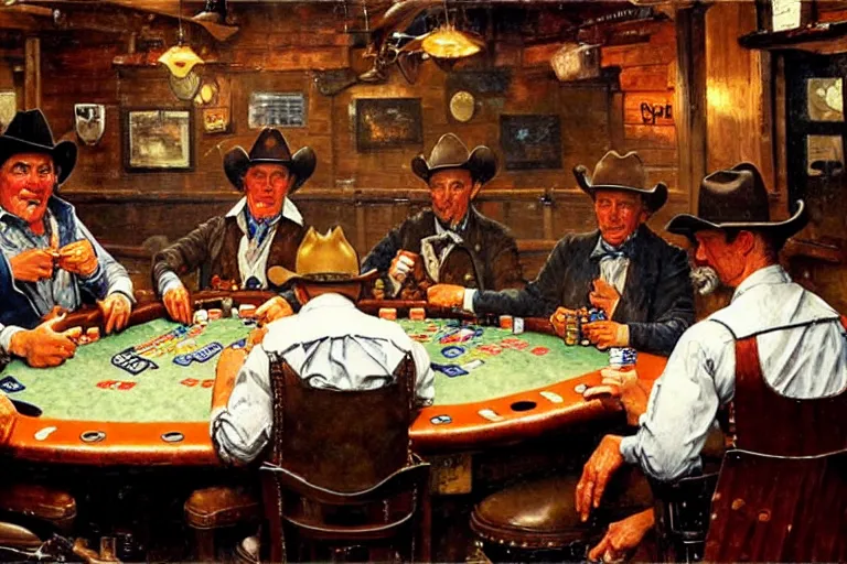 Prompt: cowboys playing poker in a saloon, artstation, Norman Rockwell and Richard Schmid