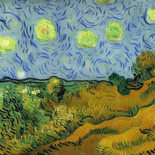 Image similar to painting of a lush natural scene on an alien planet by vincent van gogh. beautiful landscape. weird vegetation. cliffs and water.