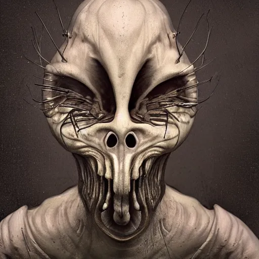 Prompt: a surreal creature by hieronymus bosch and hr giger, isolated on black background : : close - up portrait : : ultra - detailed technical precision : : matte painting, high definition 3 d render, unreal engine, hi - res textures