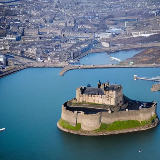 Image similar to aerial photo of submerged underwater edinburgh castle surrounded by seas with seas in the background