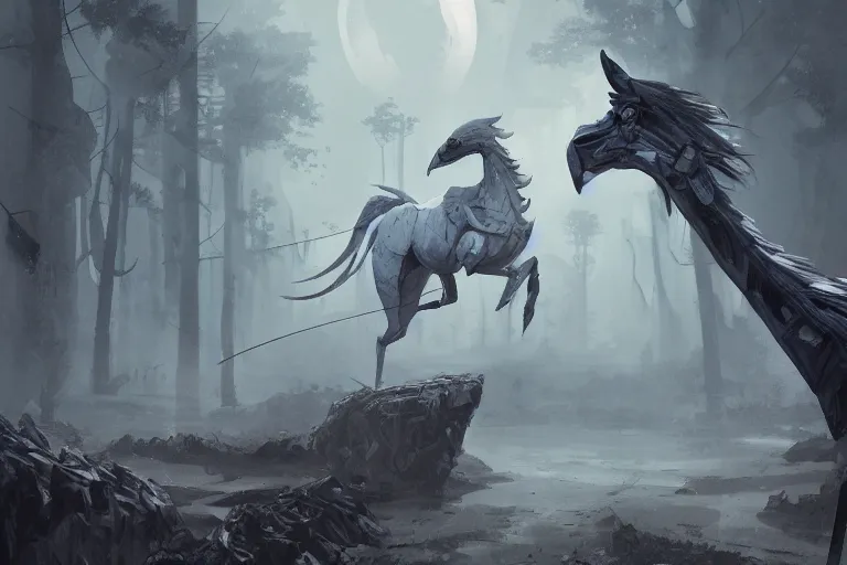 Image similar to cyborg horse merged with shoebill, digital art made by makoto shinkai, lois van baarle, greg rutkowski and jakub rebelka, highly detailed, symmetrical, extremely coherent, smooth, shaped focus, dystopian gray forest background, skull