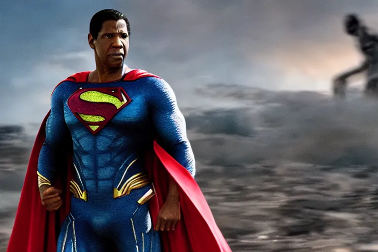 Prompt: film still of Denzel Washington as Superman in Justice League movie, 4k