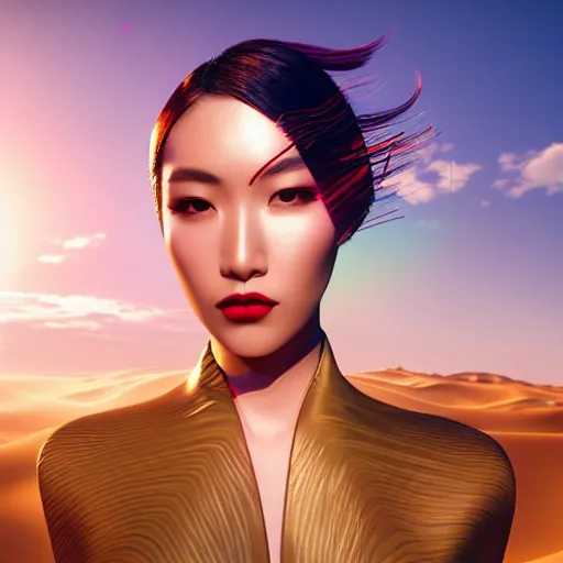 Prompt: innovative avant-garde art, deco fashion, asian women, wearing rainbow color, highly detailed, photo-realistic portrait, serene desert setting, golden hour, crisp quality and light reflections, unreal engine 5 quality render