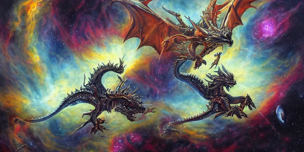 Image similar to an alien dragon flying through outer space, epic nebula, dan seagrave art